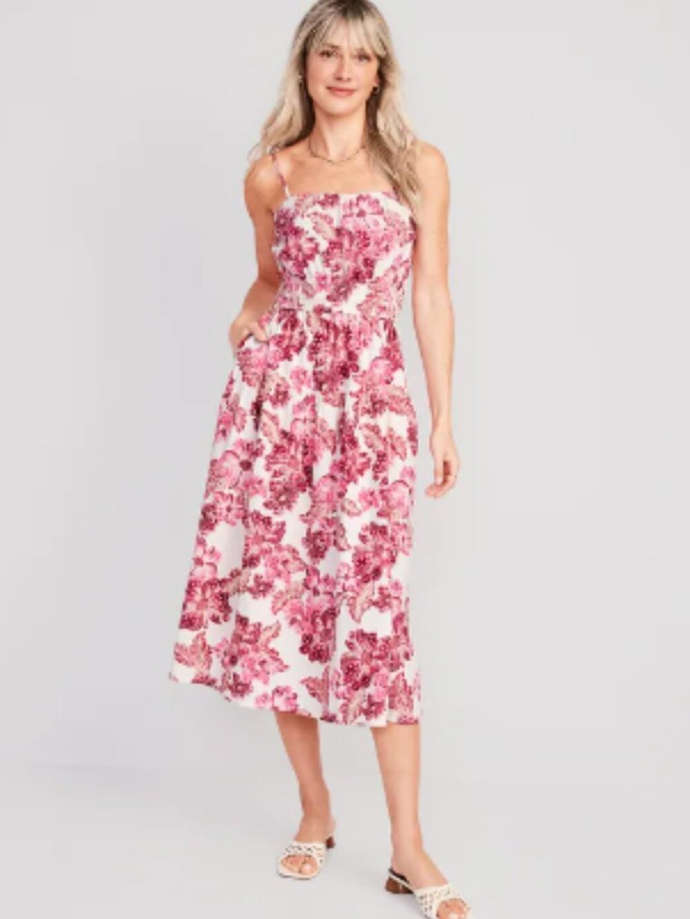 Old Navy Linen Pink Floral Dress Midi Smock Cami Tiered Sleeveless Summer Small